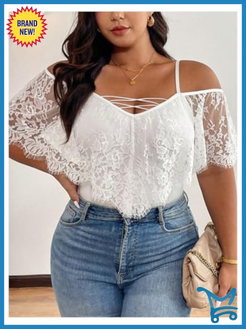 Plus Size Lace Cold Shoulder Short Sleeve Bodysuit Top - Picture 4 of 4